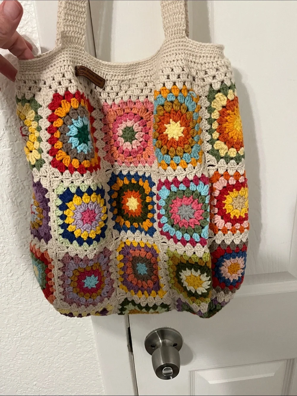 Cream Crochet Patchwork Tote Bag with Multicolor Squares